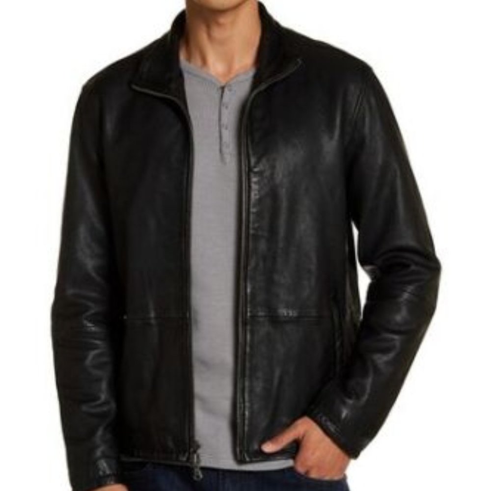 John Varvatos Zip Front Black Leather Jacket Size M L96804